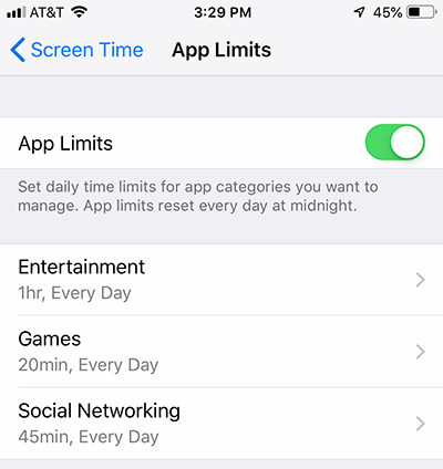 App Limits in iPhone Screen Time Settings