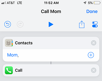 Add Call action to create iPhone speed dial Shortcut